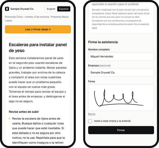 A worker's phone after scanning the QR code: the toolbox talk in Spanish, then the sign form with name, company and a signature drawn with a finger