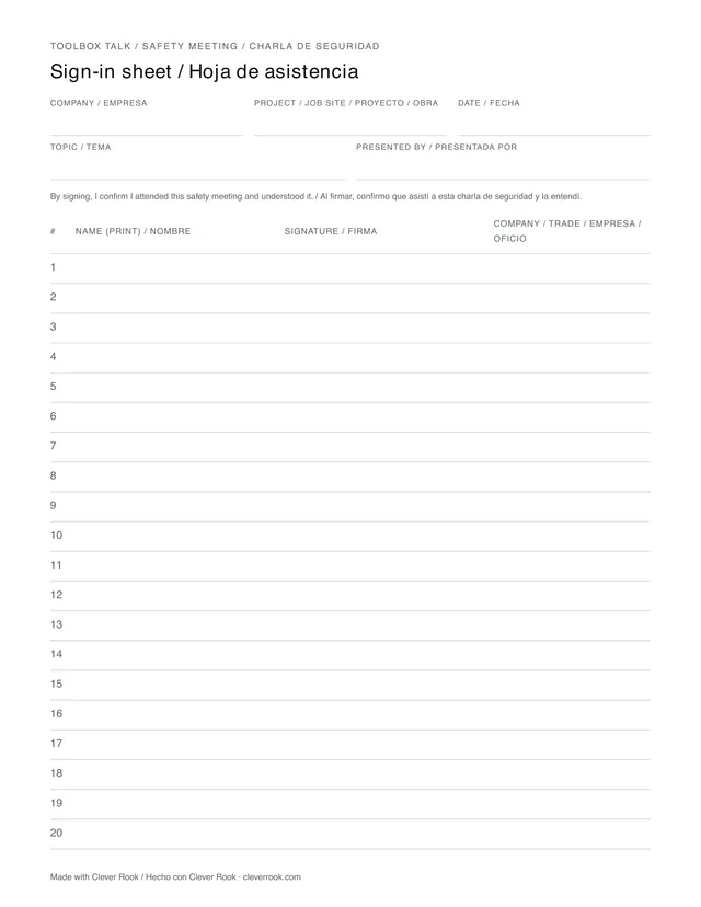 Free blank toolbox talk sign-in sheet in English and Spanish: company, job site, date, topic and rows for names and signatures