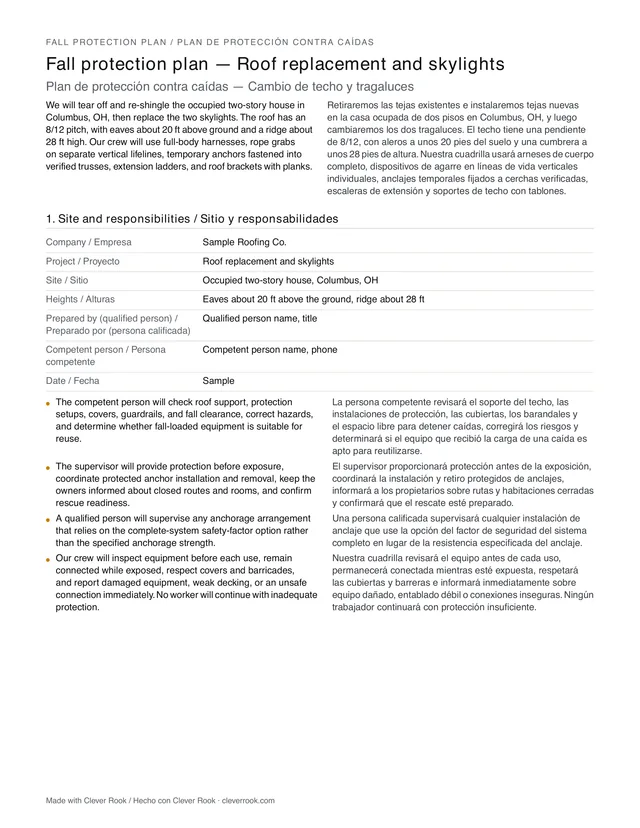 First page of a sample site-specific fall protection plan for a roofing job: site, responsibilities and fall hazards in English and Spanish