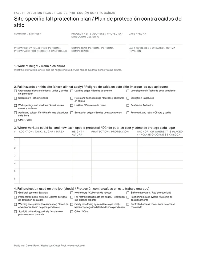 Free blank fall protection plan template in English and Spanish: fall hazard checklist, where workers could fall and how each spot is protected, protection methods