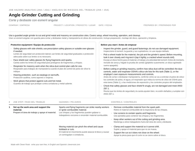First page of the angle grinder use JHA (job safety analysis) PDF: steps, hazards and controls in English and Spanish