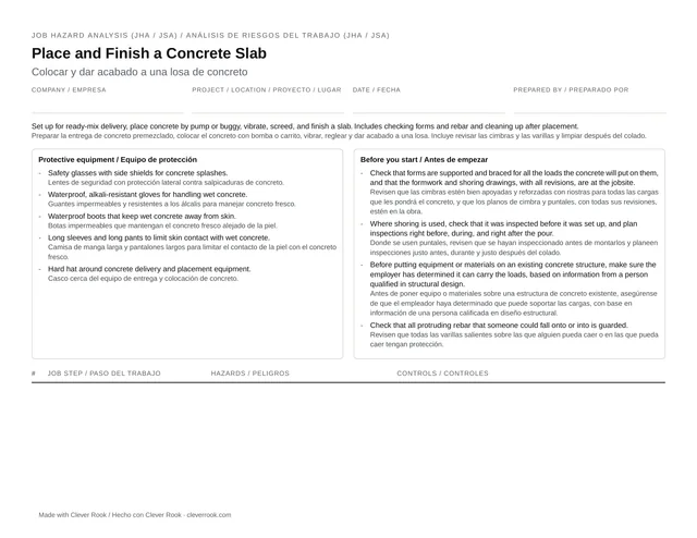 First page of the concrete pouring JHA (job safety analysis) PDF: steps, hazards and controls in English and Spanish