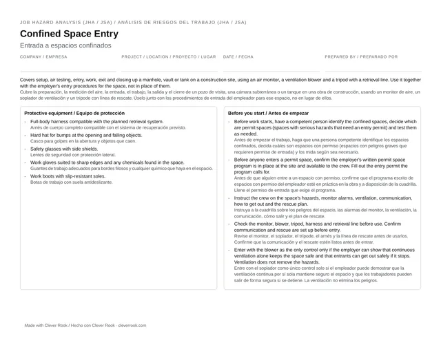 First page of the confined space entry JHA (job safety analysis) PDF: steps, hazards and controls in English and Spanish