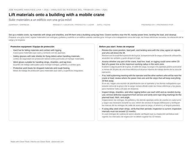 First page of the crane lifting operation JHA (job safety analysis) PDF: steps, hazards and controls in English and Spanish