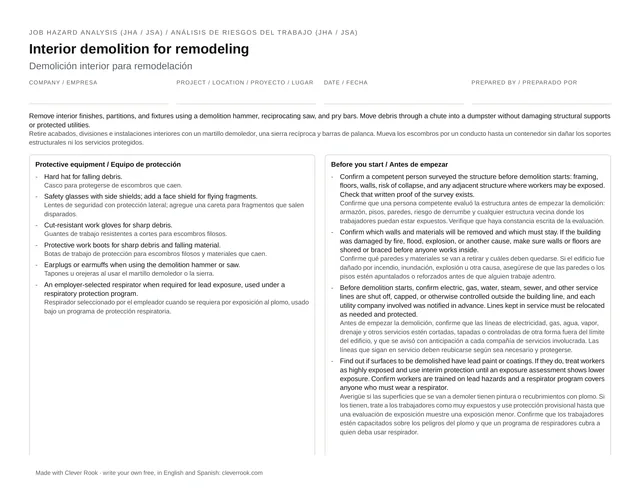 First page of the interior demolition JHA (job safety analysis) PDF: steps, hazards and controls in English and Spanish