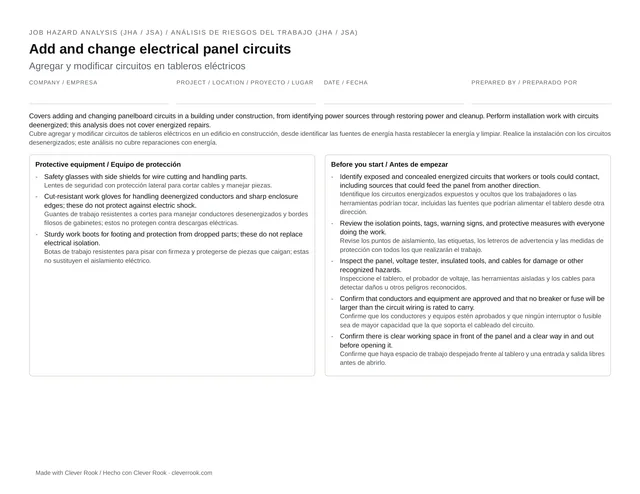 First page of the electrical panel and circuit work JHA (job safety analysis) PDF: steps, hazards and controls in English and Spanish
