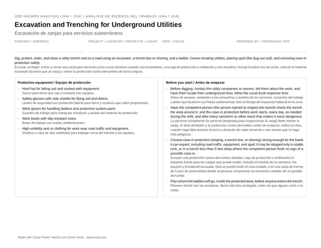 First page of the excavation and trenching JHA (job safety analysis) PDF: steps, hazards and controls in English and Spanish