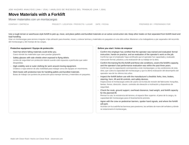 First page of the forklift operation JHA (job safety analysis) PDF: steps, hazards and controls in English and Spanish