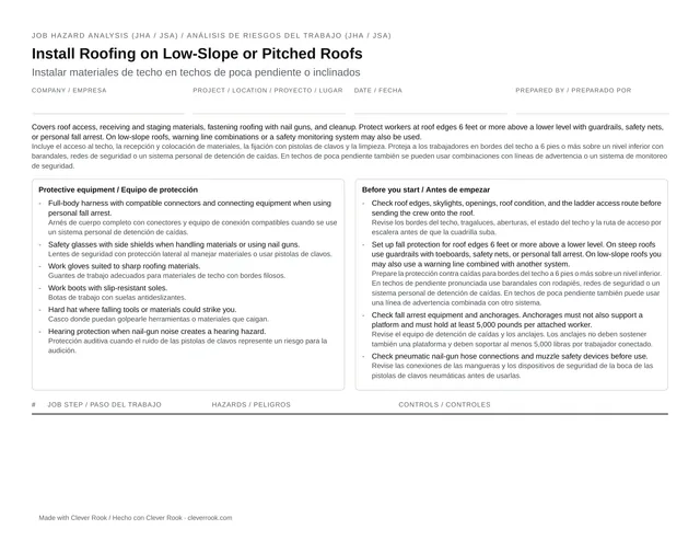 First page of the roofing work JHA (job safety analysis) PDF: steps, hazards and controls in English and Spanish