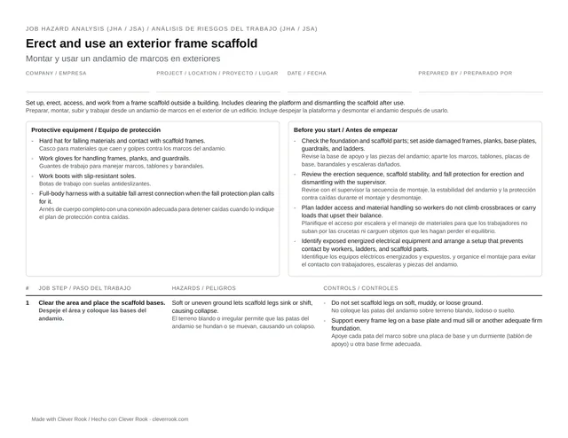First page of the scaffold erection and use JHA (job safety analysis) PDF: steps, hazards and controls in English and Spanish