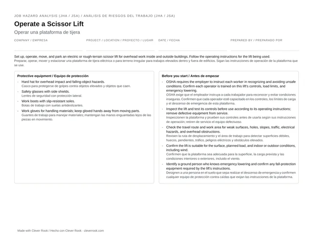 First page of the scissor lift operation JHA (job safety analysis) PDF: steps, hazards and controls in English and Spanish