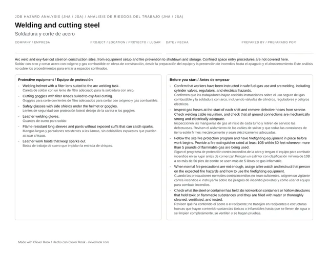 First page of the welding and cutting JHA (job safety analysis) PDF: steps, hazards and controls in English and Spanish