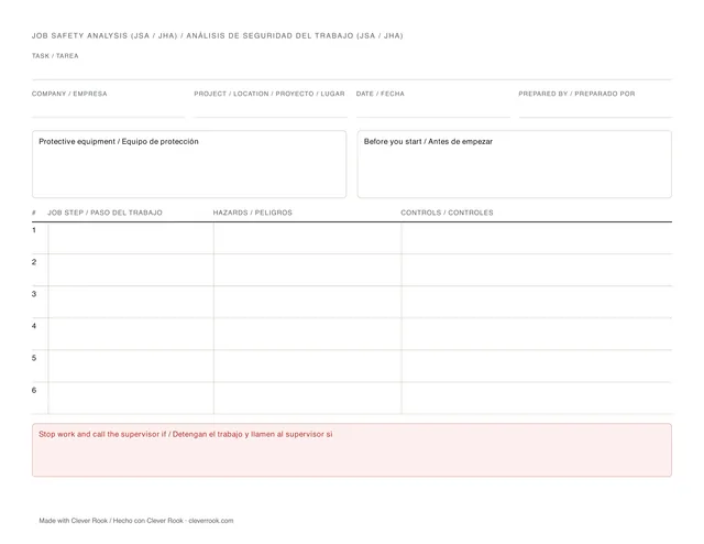 Blank job safety analysis (JSA) template in English and Spanish, with rows for job steps, hazards and controls
