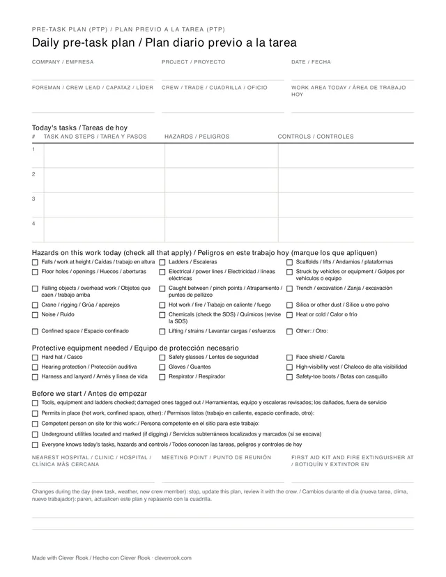 Blank daily pre-task plan (PTP) form in English and Spanish: today's tasks, hazard and PPE checklists, checks before work and emergency details