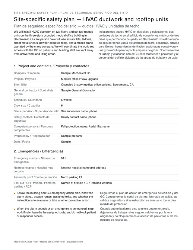 First page of a sample site-specific safety plan: project contacts, emergency details and hazards in English and Spanish