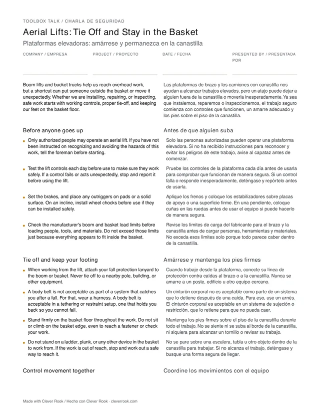First page of the aerial lifts toolbox talk PDF, English and Spanish side by side