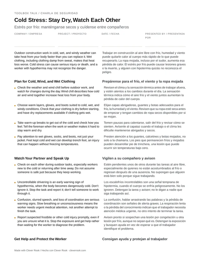 First page of the cold stress toolbox talk PDF, English and Spanish side by side