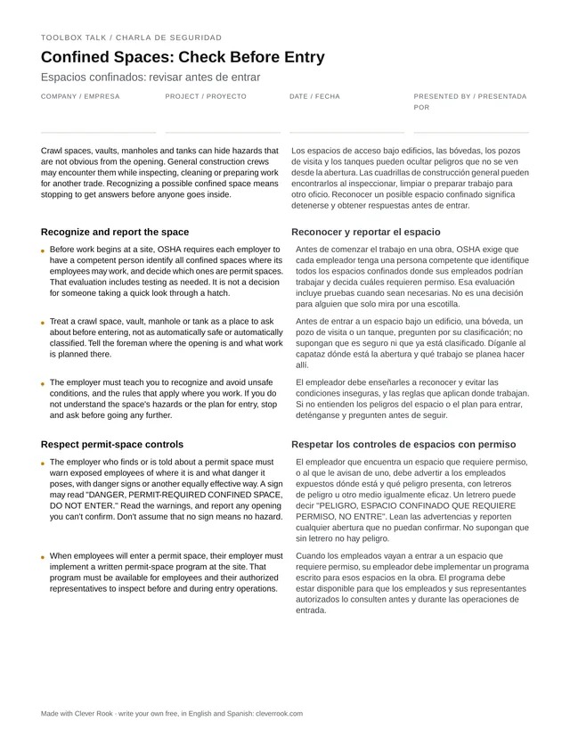 First page of the confined spaces toolbox talk PDF, English and Spanish side by side