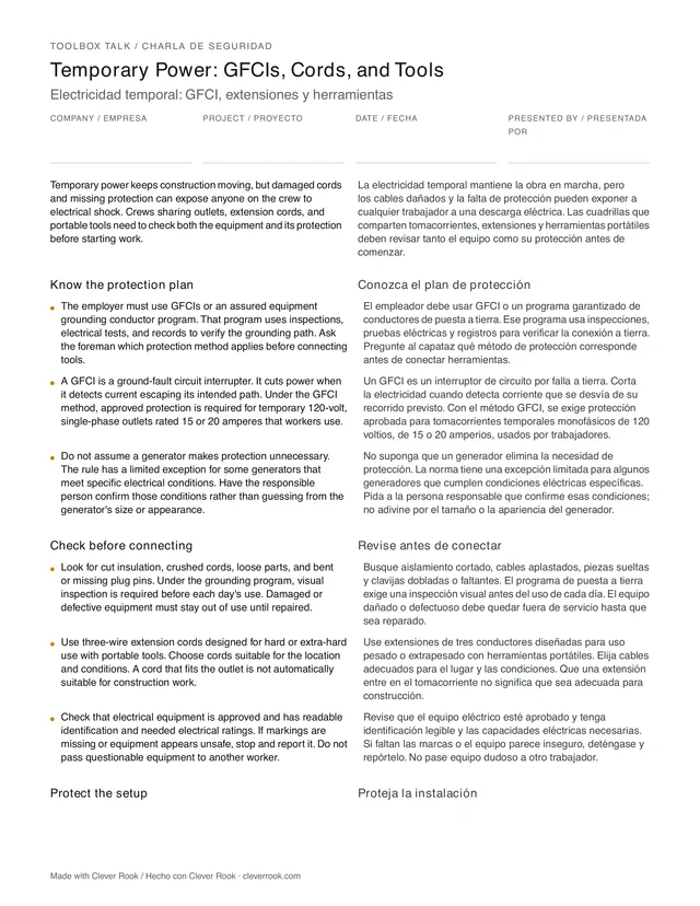 First page of the electrical safety and gfcis toolbox talk PDF, English and Spanish side by side