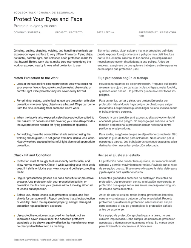 First page of the eye and face protection toolbox talk PDF, English and Spanish side by side