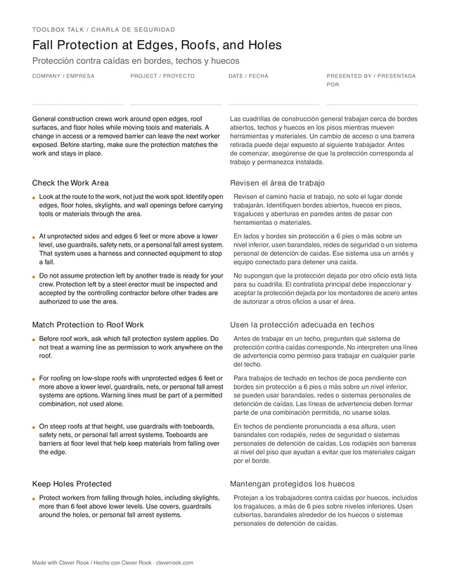 First page of the fall protection toolbox talk PDF, English and Spanish side by side