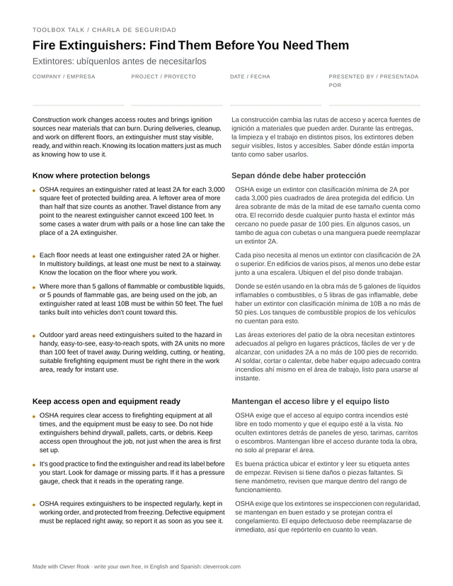 First page of the fire extinguishers toolbox talk PDF, English and Spanish side by side