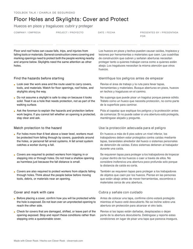 First page of the floor holes and openings toolbox talk PDF, English and Spanish side by side