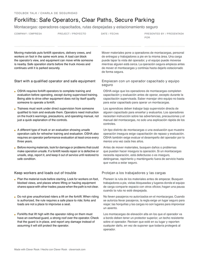 First page of the forklift safety toolbox talk PDF, English and Spanish side by side