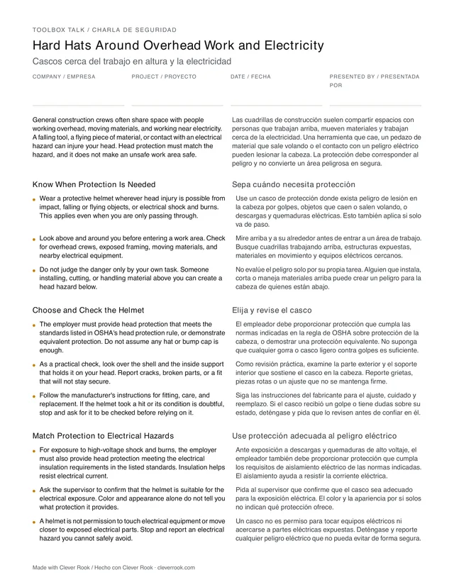 First page of the hard hats and head protection toolbox talk PDF, English and Spanish side by side