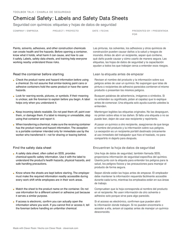 First page of the hazard communication toolbox talk PDF, English and Spanish side by side