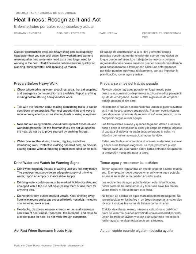 First page of the heat illness toolbox talk PDF, English and Spanish side by side