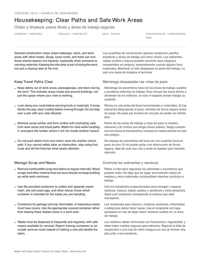 First page of the housekeeping toolbox talk PDF, English and Spanish side by side