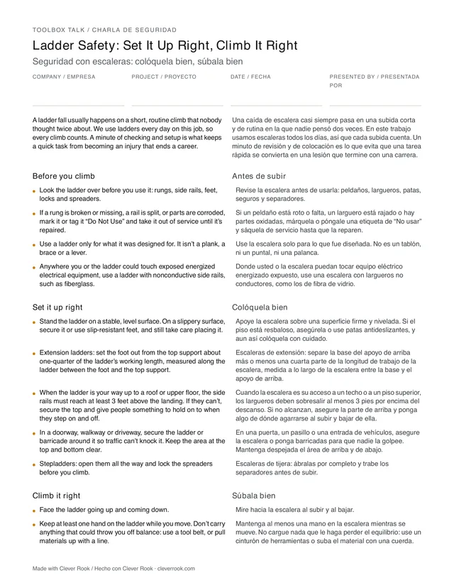 First page of the ladder safety toolbox talk PDF, English and Spanish side by side