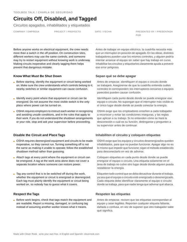 First page of the lockout and tagging of circuits toolbox talk PDF, English and Spanish side by side