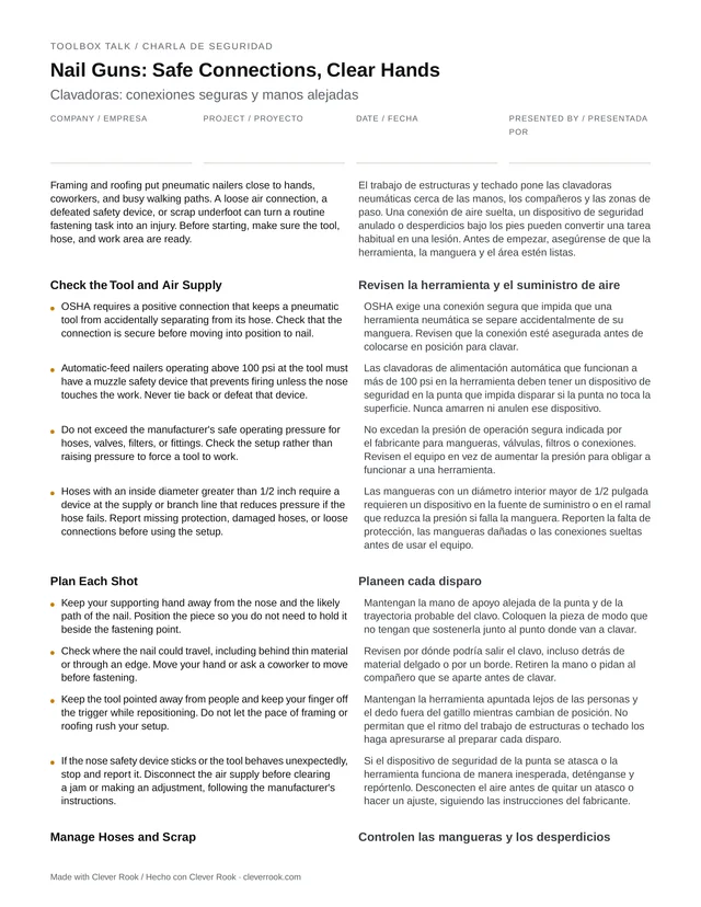 First page of the nail gun safety toolbox talk PDF, English and Spanish side by side