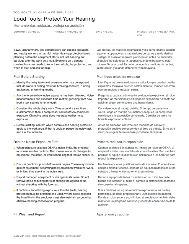 First page of the noise and hearing protection toolbox talk PDF, English and Spanish side by side