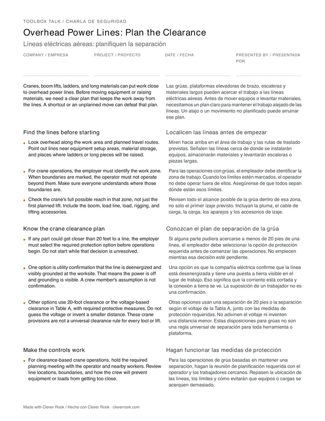 First page of the overhead power lines toolbox talk PDF, English and Spanish side by side