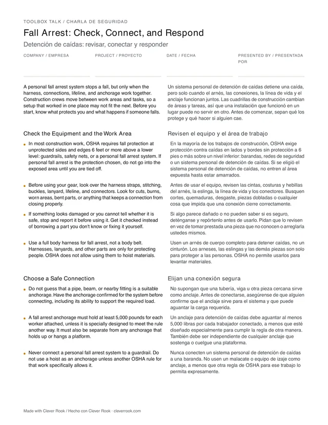 First page of the personal fall arrest systems toolbox talk PDF, English and Spanish side by side