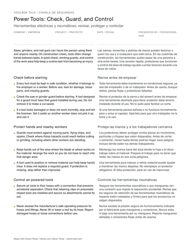 First page of the power tool safety toolbox talk PDF, English and Spanish side by side