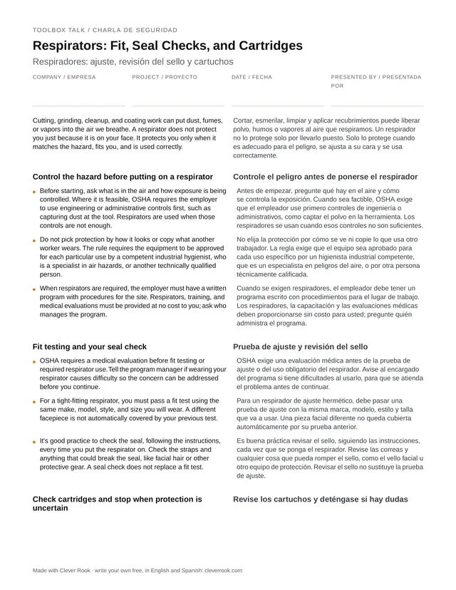 First page of the respirators toolbox talk PDF, English and Spanish side by side