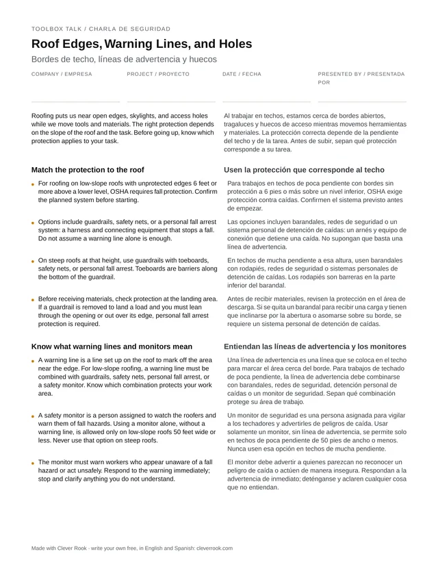 First page of the roofing safety toolbox talk PDF, English and Spanish side by side