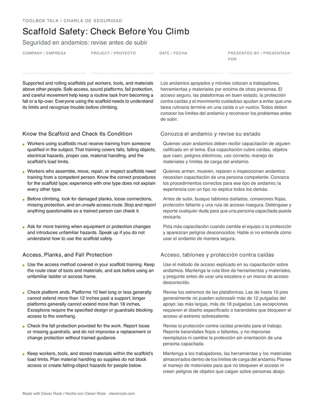 First page of the scaffold safety toolbox talk PDF, English and Spanish side by side