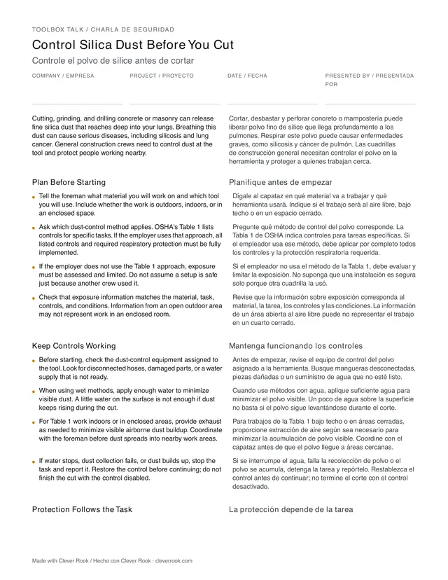 First page of the silica dust toolbox talk PDF, English and Spanish side by side