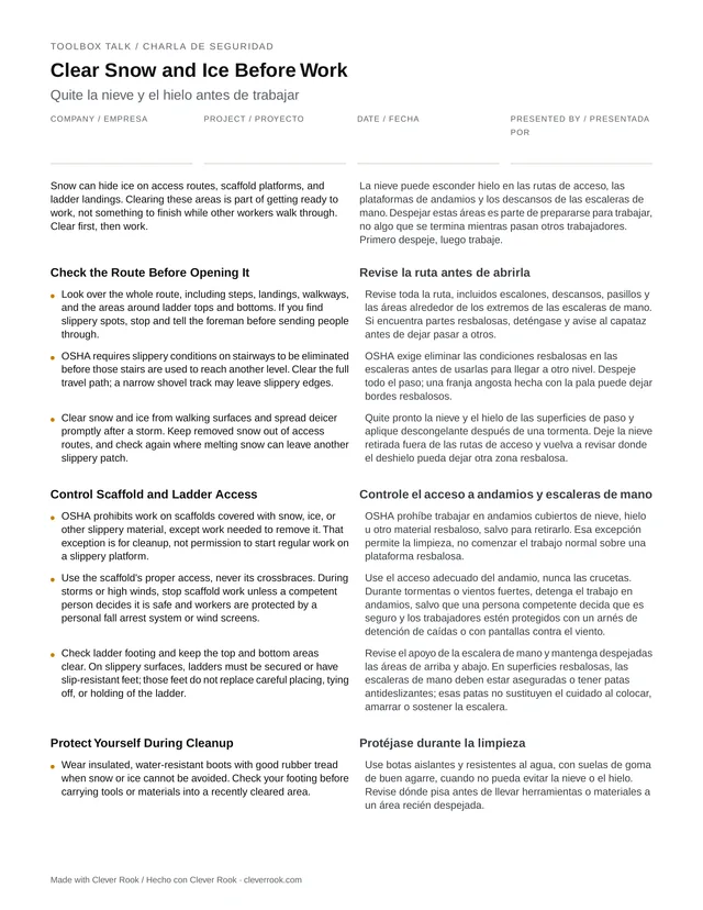 First page of the snow and ice on the job site toolbox talk PDF, English and Spanish side by side