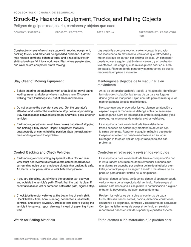 First page of the struck-by hazards toolbox talk PDF, English and Spanish side by side