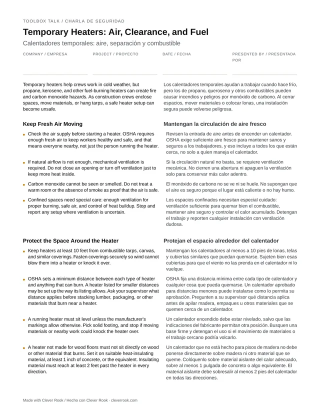 First page of the temporary heaters toolbox talk PDF, English and Spanish side by side