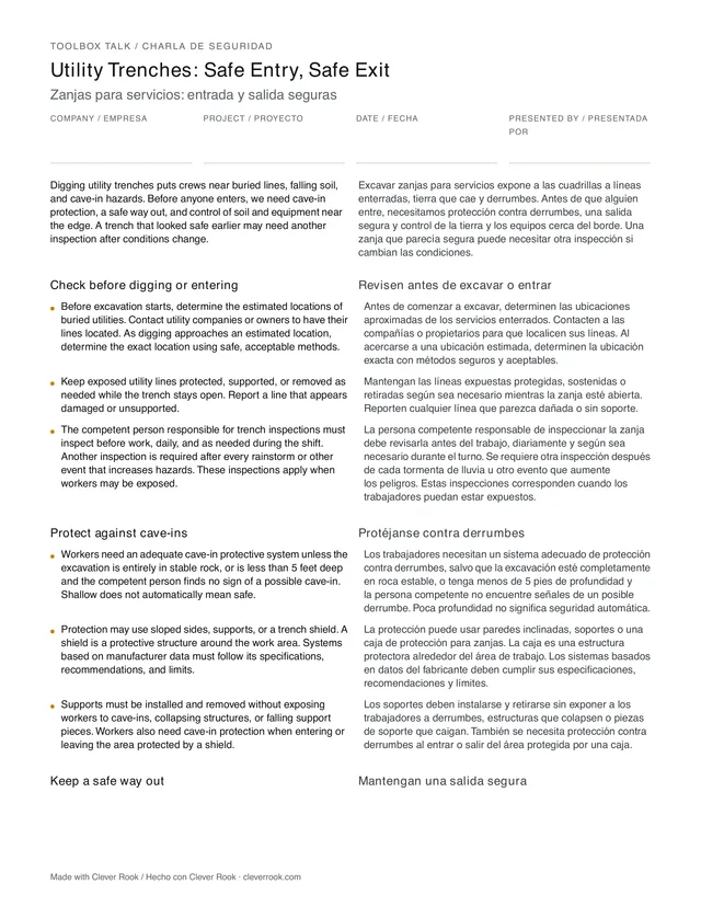 First page of the trench safety toolbox talk PDF, English and Spanish side by side