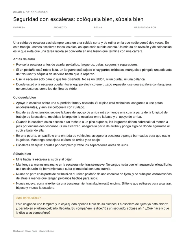 Ladder safety toolbox talk in Spanish (charla de seguridad), first page of the printable PDF