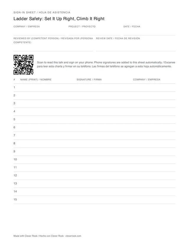 Toolbox talk sign-in sheet with a QR code for phone signatures and rows for printed names and signatures