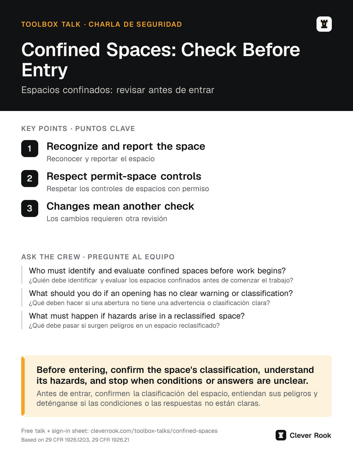Confined spaces toolbox talk poster: key points and questions for the crew in English and Spanish